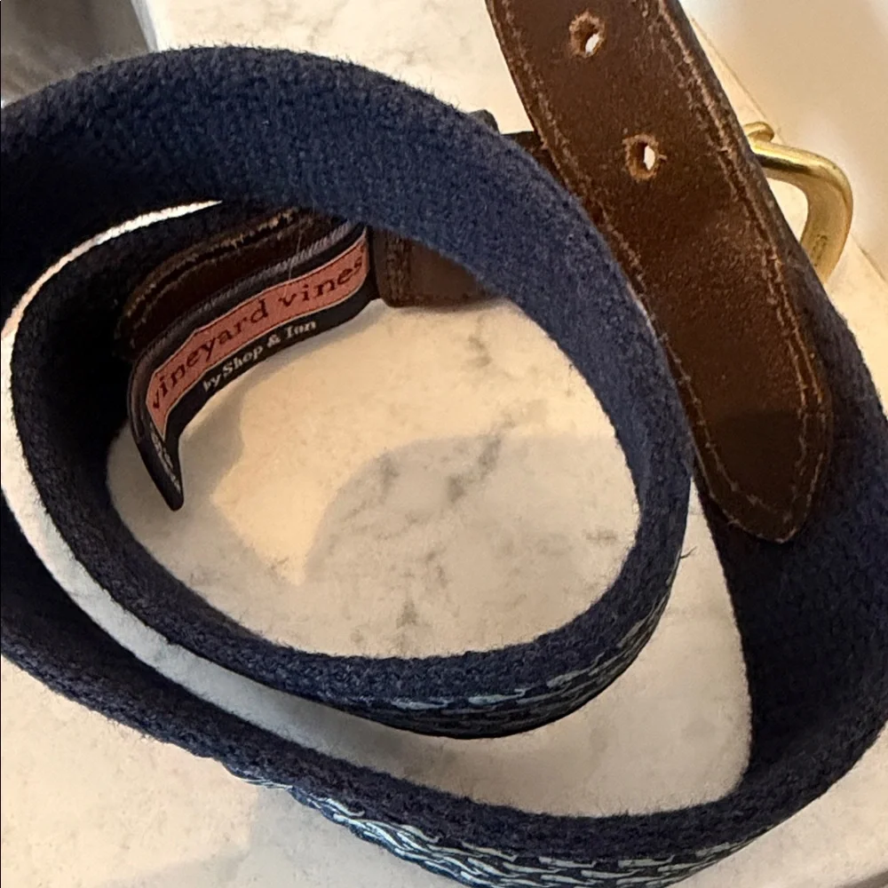 Vineyard Vines Navy and Brown Kids Belt with Gold Buckle